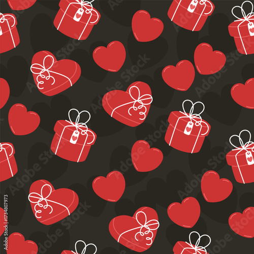 Red hearts and gift boxes on a dark background