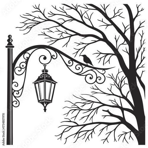 Tree and Lantern Silhouette Vector black and white