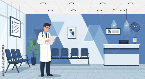 Male doctor in a clinic waiting room examining patient medical records diligently