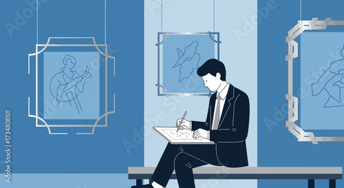 Man drawing in museum surrounded by artworks in blue tones creating new masterpiece