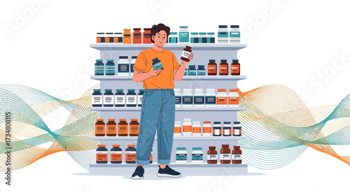Man Choosing Supplements or Medicines in Pharmacy with Abstract Background Design