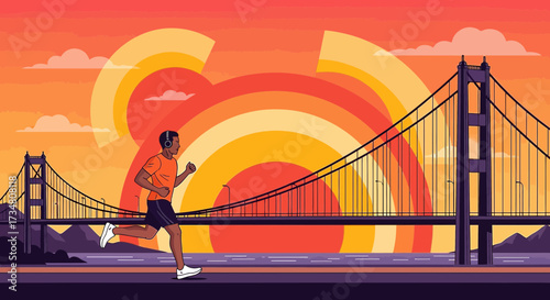 Man enjoying a refreshing run across Golden Gate Bridge during colorful sunset scene