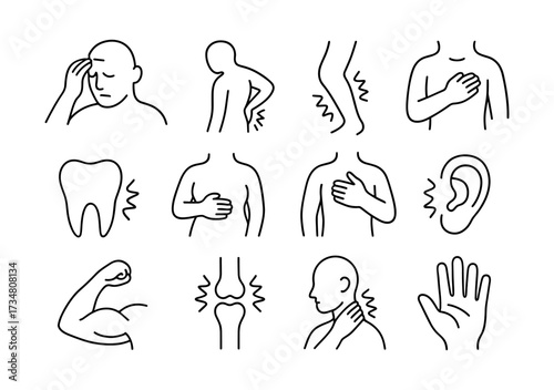 Linear icons depicting common pain areas and body discomfort symptoms