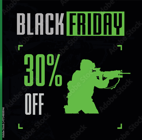 Price tag 30% Off gamer style with black background, soldier image with green details