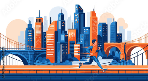 Man enjoying morning run in cityscape with bridge under clear sky, vector illustration
