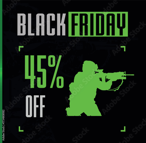 Price tag 45% Off gamer style with black background, soldier image with green details