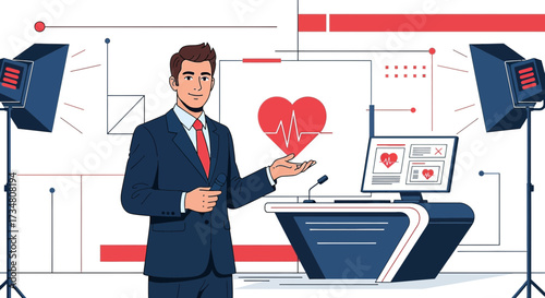 Man in suit presenting health data with heart rate on screen in studio setup