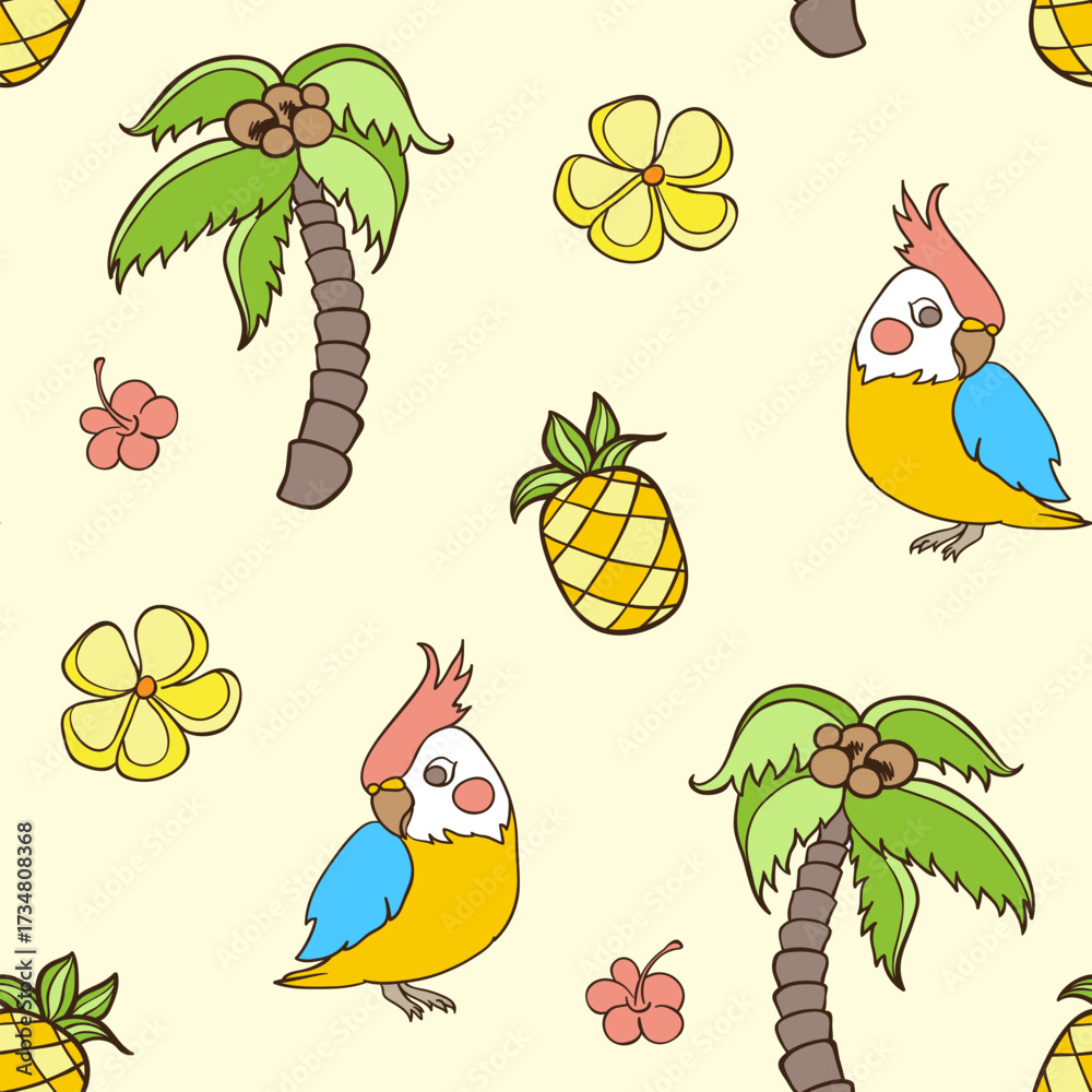 Fototapeta premium Repeating pattern of cartoon tropical elements on a light yellow background