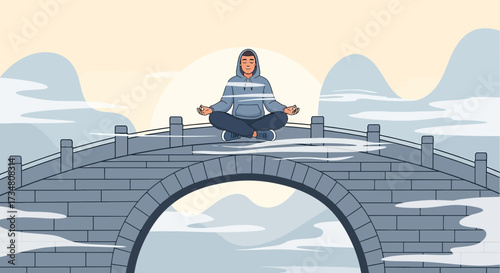 Man meditating on a bridge surrounded by mountains and clouds evokes serenity and peace offering a