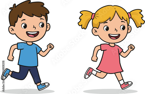 Two energetic cartoon children running happily on a white background girl kids