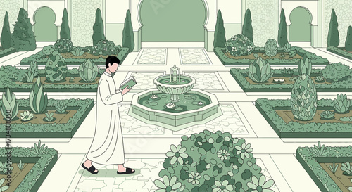 Man in traditional clothing reading a book in a serene islamic garden with fountain offers peace