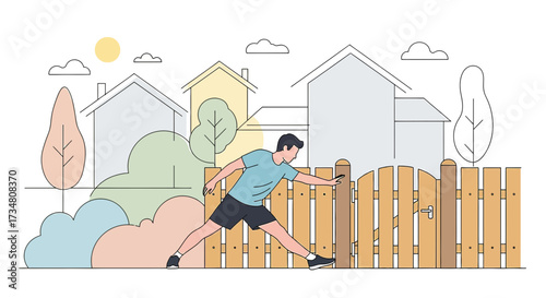 Man Stretching on a Sunny Morning in a Suburban Neighborhood Illustration Style