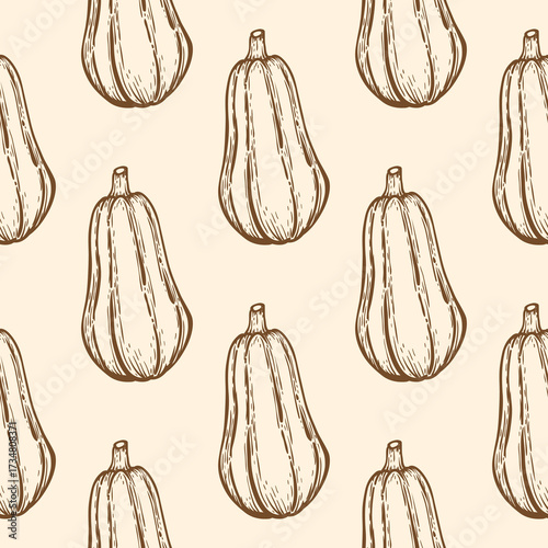 Repeating pattern of brown outline drawings of butternut squash