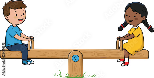 Two happy cartoon children playing on a wooden seesaw on a white background girl kids