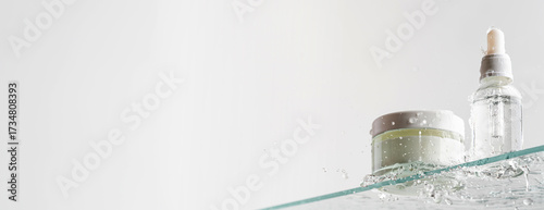 Photos Glass tubes of cosmetic product with serum and cream on a glass shelf and water drops on a white background, bottom view