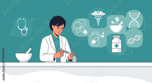 Medical professional preparing a vaccine shot with healthcare icons illustration concept