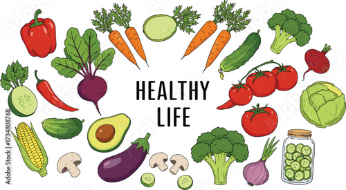 Assortment of Fresh Vegetables and the Text Healthy Life bell pepper red pepper