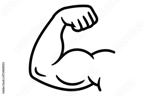 Black outline of a flexed bicep muscle strength. Line art illustration of a strong arm biceps.