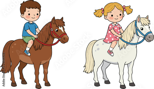 Boy and Girl Riding Ponies on a White Background Keywords: boy, girl, riding, pony, horse, brown