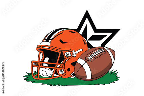 American football helmet and ball with star and grass. Orange American football helmet and ball on grass.