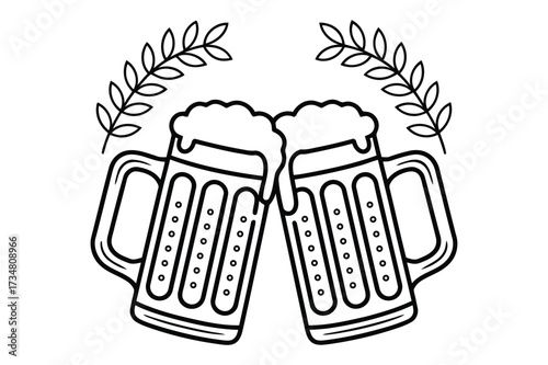Two outline beer mugs clinking with laurel branches. Beer mugs toasting silhouette vector design.