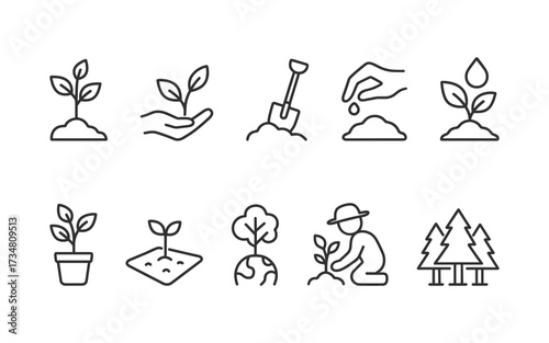 A modern line icon set representing sustainable agriculture, organic farming, and eco-friendly food production.