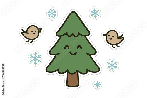 Cheerful Winter Doodles. Adorable doodle stickers: smiling pine tree, tiny snowflakes and birds floating, cheerful doodle charm,
