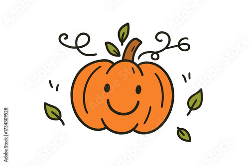 Smiling Pumpkin Doodles. Funny doodle stickers: smiling pumpkin, tiny leaves and tendrils waving, simplified doodle style, white