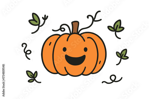 Smiling Pumpkin Doodles. Funny doodle stickers: smiling pumpkin, tiny leaves and tendrils waving, simplified doodle style, white