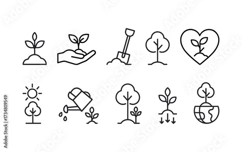 A modern line icon set representing sustainable agriculture, organic farming, and eco-friendly food production.