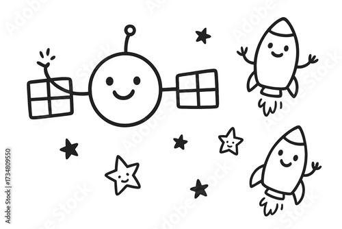 Whimsical Space Stickers. Whimsical doodle stickers: happy satellite, tiny stars and rockets waving, cheerful doodle charm, white