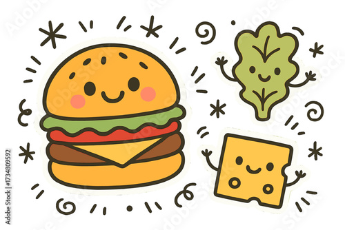 Cheerful Doodle Stickers. Cheerful doodle stickers: happy burger, tiny lettuce and cheese waving, playful doodle details, white