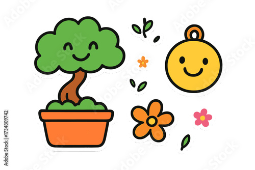 Cheerful Doodle Stickers. Bright doodle stickers: smiling bonsai, tiny flowers and leaves floating, cheerful doodle charm, white