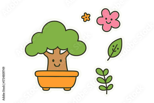Cheerful Doodle Stickers. Bright doodle stickers: smiling bonsai, tiny flowers and leaves floating, cheerful doodle charm, white