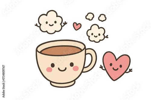 Adorable Teacup Stickers. Adorable doodle stickers: smiling teacup, tiny steam clouds and hearts waving, cheerful doodle charm,