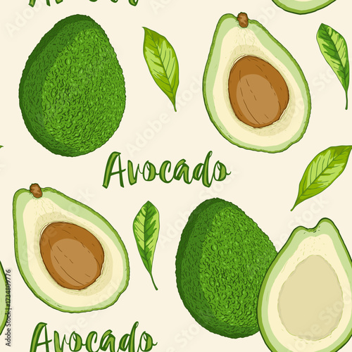 Seamless pattern of avocados and leaves on a cream background
