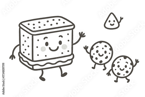 Joyful Doodle Stickers. Joyful doodle stickers: smiling ice cream sandwich, tiny cookies and chocolate chips waving, playful