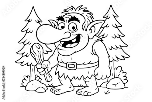 Funny Troll Illustration. Troll coloring page: funny troll with big nose and club, rocks and trees around, black and white vector