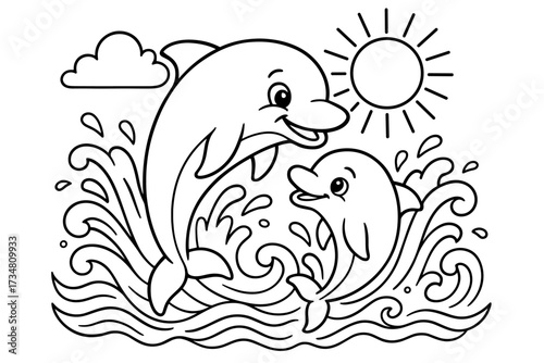 Dolphin Family Coloring Page. Dolphin family coloring page: mother dolphin with baby dolphin, waves splashing, sun above, black
