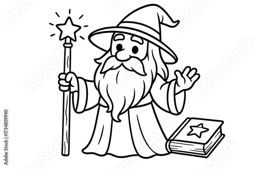 Wizard Coloring Page. Wizard coloring page: wizard with long beard and hat, holding staff with star, spell book nearby, black and