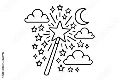 Magic Wand Coloring. Magic wand coloring page: wand sparkling with stars, moon and clouds around, black and white vector line art,