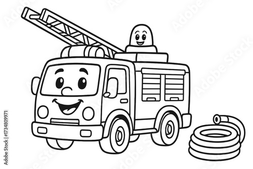 Smiling Fire Truck. Transport coloring page: fire truck with ladder extended, siren smiling, hose coiled nearby, black and white