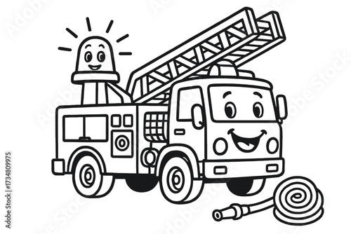 Smiling Fire Truck. Transport coloring page: fire truck with ladder extended, siren smiling, hose coiled nearby, black and white