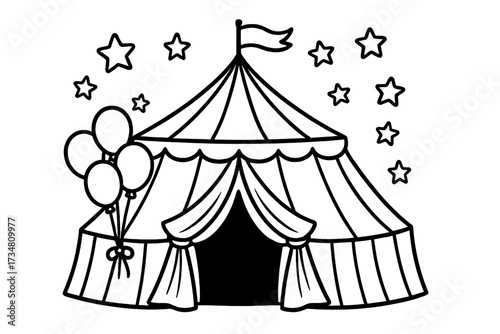 Circus Tent Coloring. Circus coloring page: circus tent with flags, balloons tied to entrance, stars above, black and white vector