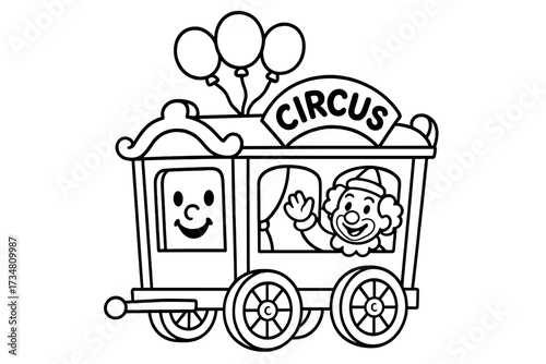 Circus Wagon Fun. Circus coloring page: circus wagon with smiling windows, clown waving inside, balloons tied to roof, black and