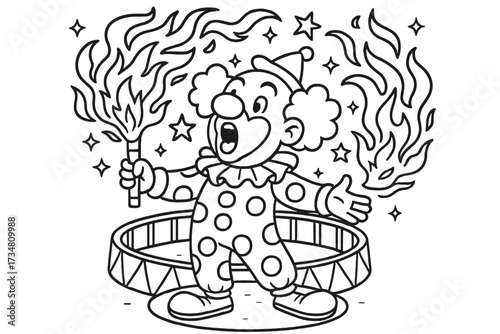 Fire Breather Clown. Circus coloring page: fire breather clown, flames swirling, stars twinkling, circus ring behind, black and