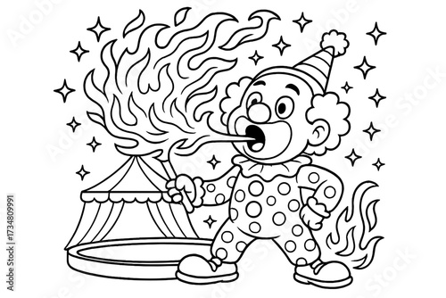 Fire Breather Clown. Circus coloring page: fire breather clown, flames swirling, stars twinkling, circus ring behind, black and