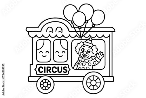 Circus Wagon Fun. Circus coloring page: circus wagon with smiling windows, clown waving inside, balloons tied to roof, black and