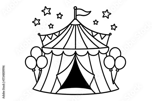 Circus Tent Coloring. Circus coloring page: circus tent with flags, balloons tied to entrance, stars above, black and white vector