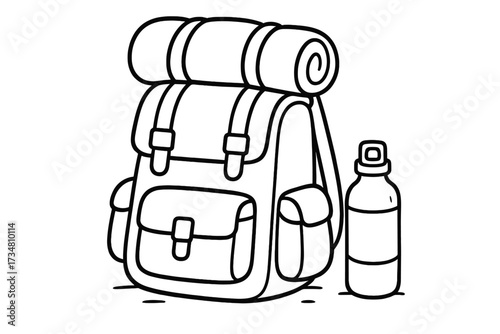 Camping Gear Illustration. Camping coloring page: backpack with sleeping bag rolled on top, water bottle nearby, black and white